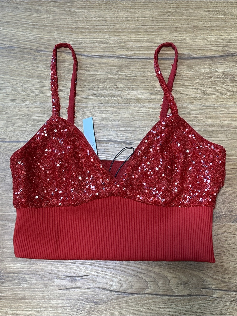Susana Monaco Red Sequin V-Neck Crop Bralette Small NWT